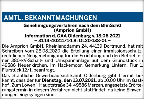 Bild: Bekanntmachung im Bedrsenbrücker Kreisblatt am 23.06.2021
