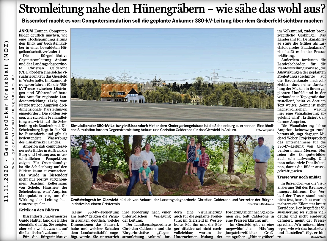 Bild: NOZ-Printausgabe mit Text und dem Bildern der Stromtrasse in Bissendorf und einem Treffen der Bürgerinitiative mit MdL Calderone im Giersfeld nahe Ankum.